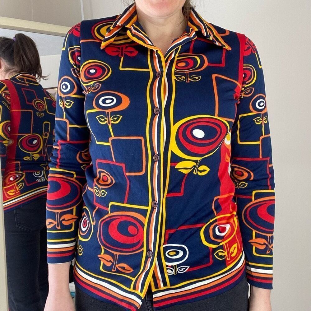 VTG 70s Psychedelic Mod Disco Shirt Geometric Print Fitted Button Up Top - Picture 7 of 13